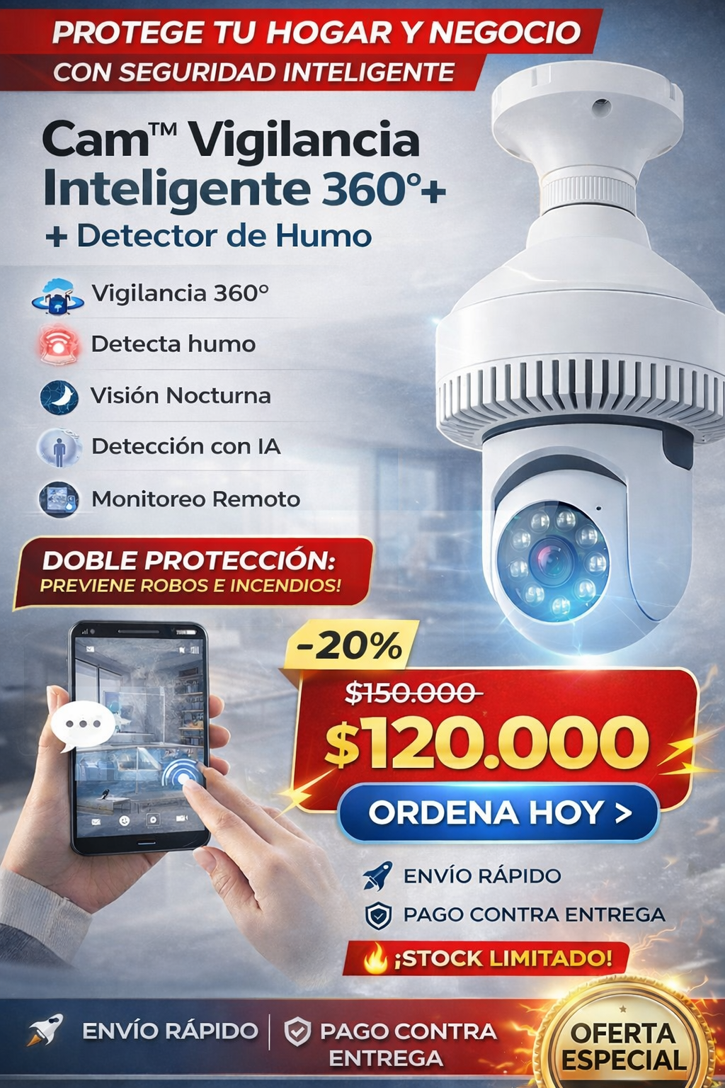 Cam™ Vigilancia Inteligente 360° + detector de Humo