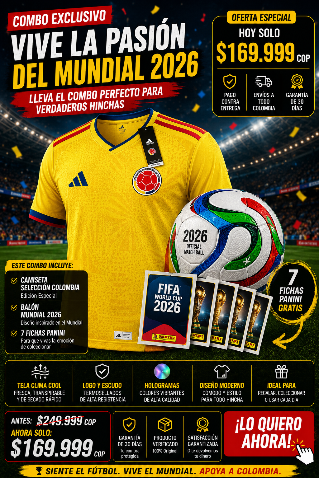 COMBO CAMISETA SELECCION COLOMBI + BALON MUNDIAL 2026 + 7 FICHAS PANINI